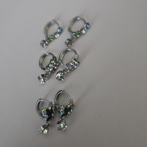 Set Of 3 Multicolor Crystal Hoop Dangle Leverback Earrings For Girls